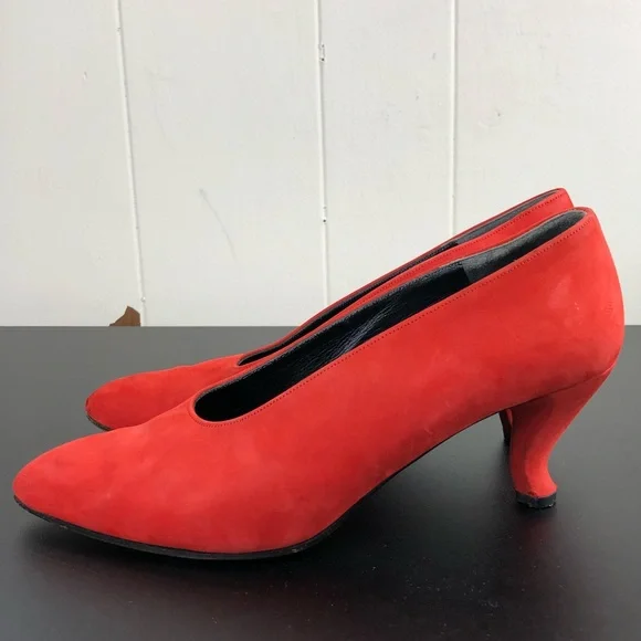 Vintage 80's Karl Lagerfeld Red Suede Pumps Sz 6 1/2 - Picture 6 of 13